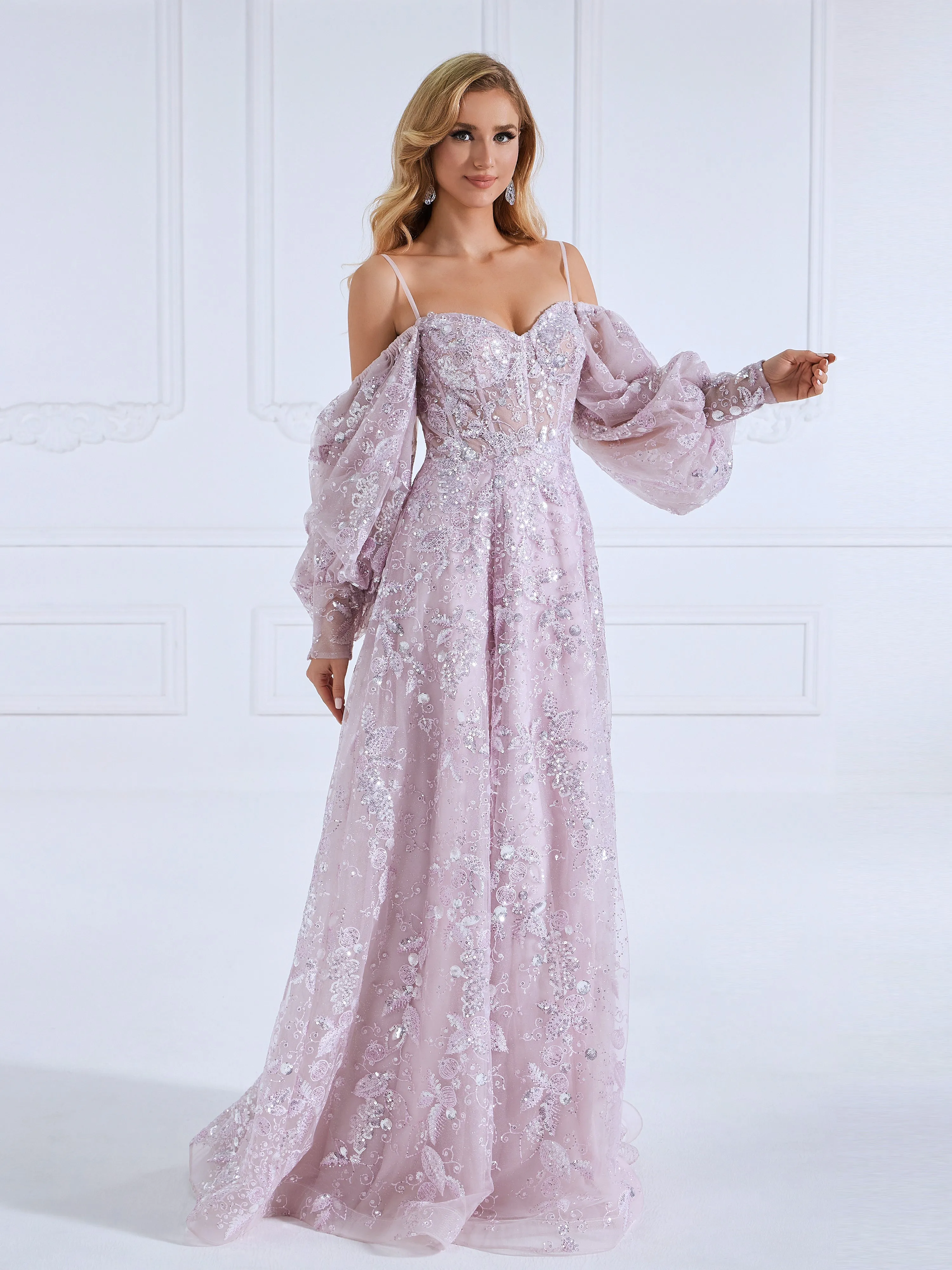 High Quality Sequin Embroidery Pattern Prom Dresses A-Line Princess Long Sleeevs Floor-Length Dress #0330