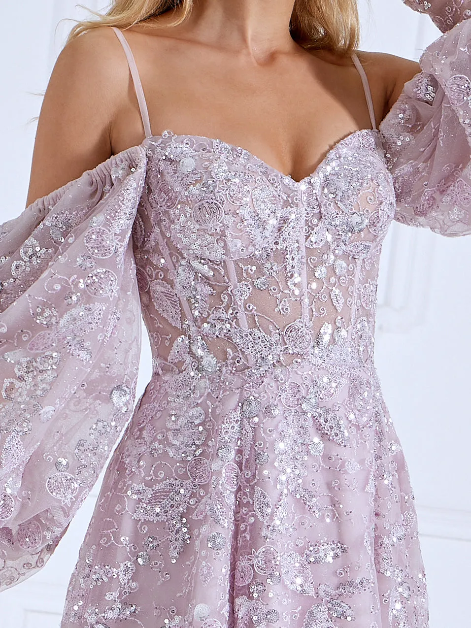 High Quality Sequin Embroidery Pattern Prom Dresses A-Line Princess Long Sleeevs Floor-Length Dress #0330
