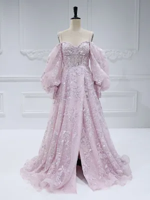 High Quality Sequin Embroidery Pattern Prom Dresses A-Line Princess Long Sleeevs Floor-Length Dress #0330
