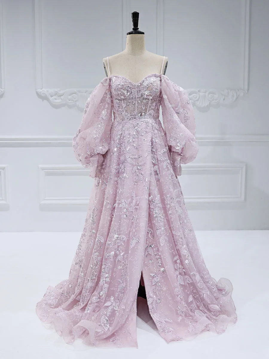 High Quality Sequin Embroidery Pattern Prom Dresses A-Line Princess Long Sleeevs Floor-Length Dress #0330