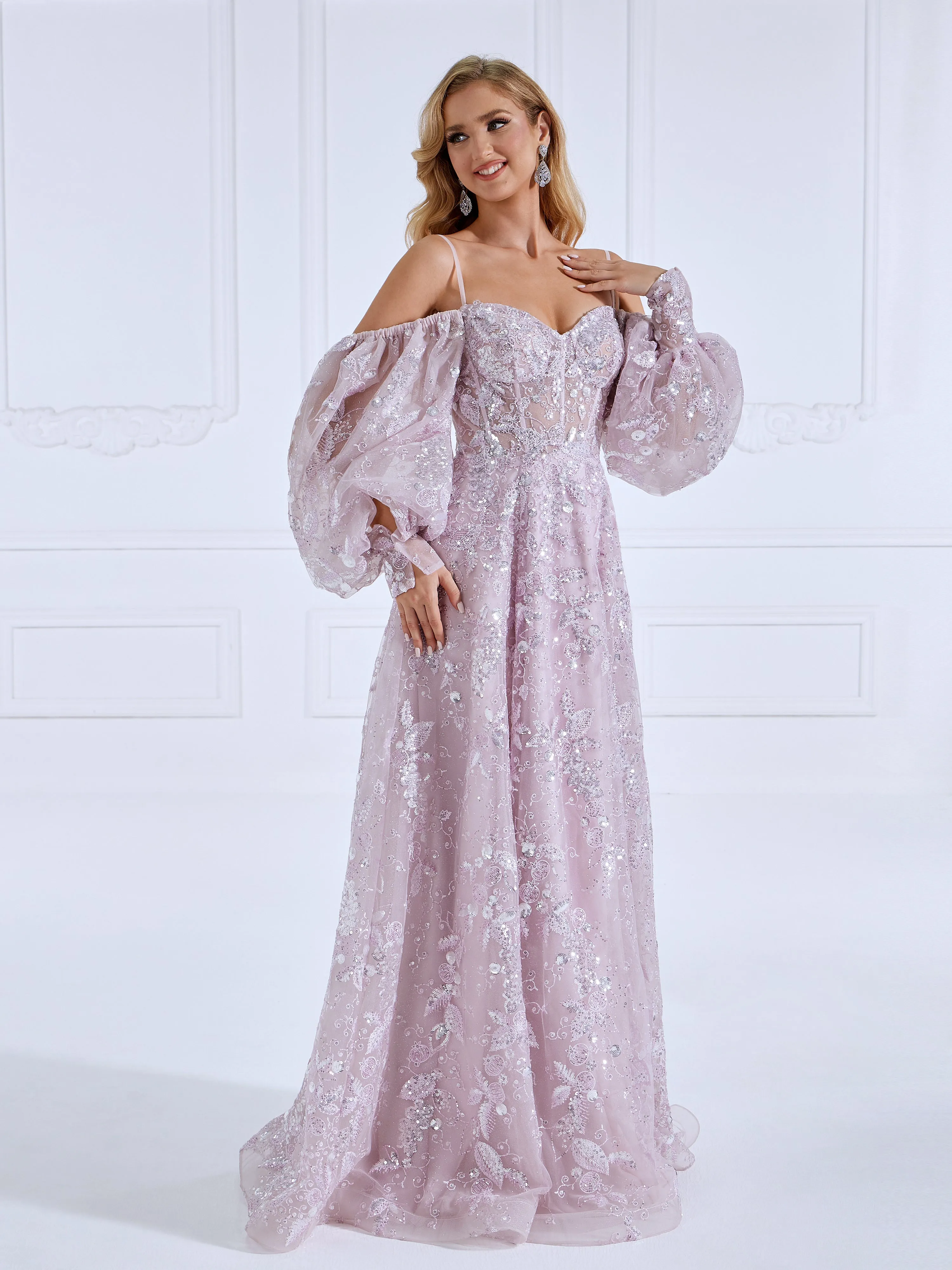 High Quality Sequin Embroidery Pattern Prom Dresses A-Line Princess Long Sleeevs Floor-Length Dress #0330