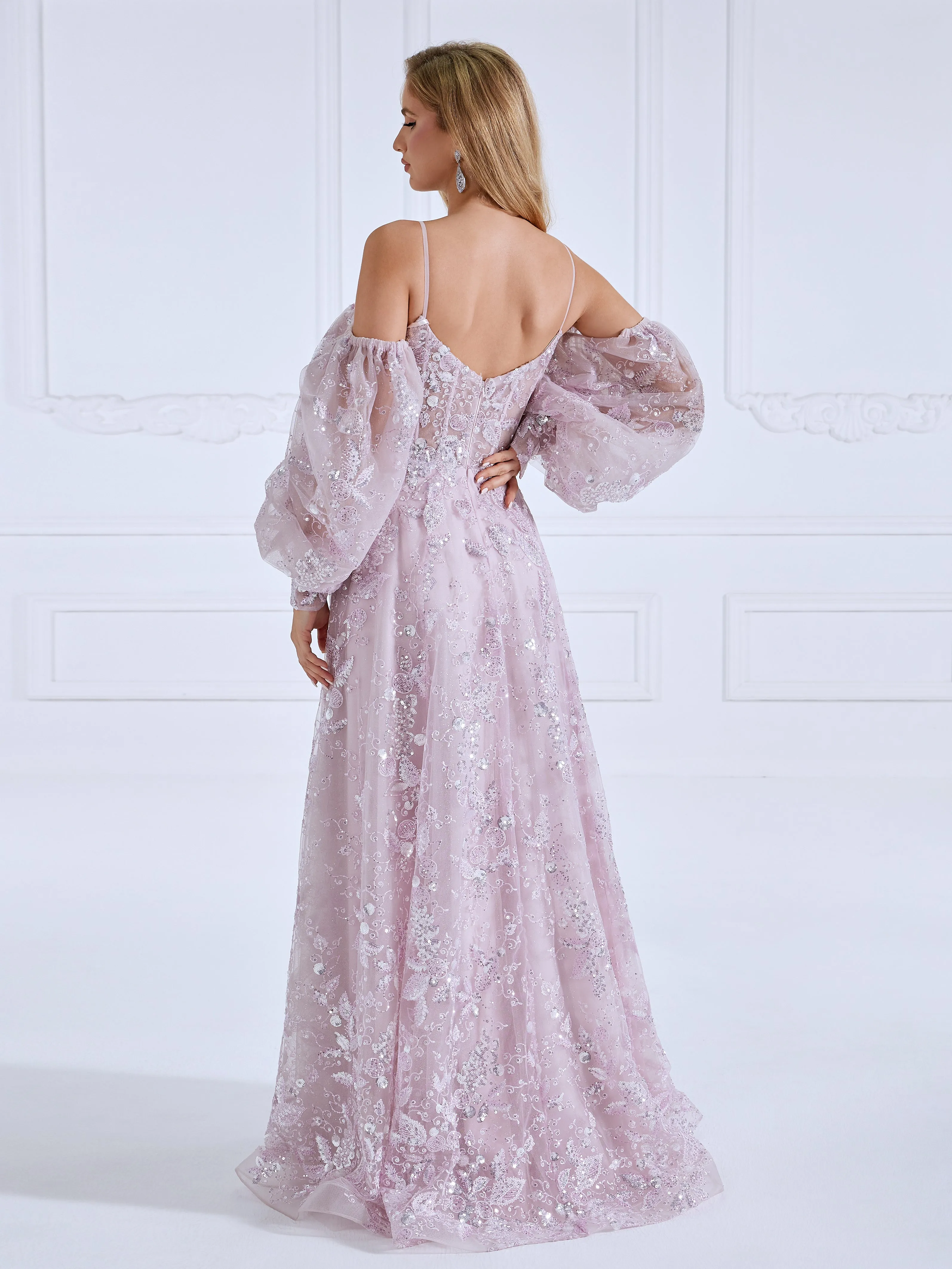 High Quality Sequin Embroidery Pattern Prom Dresses A-Line Princess Long Sleeevs Floor-Length Dress #0330