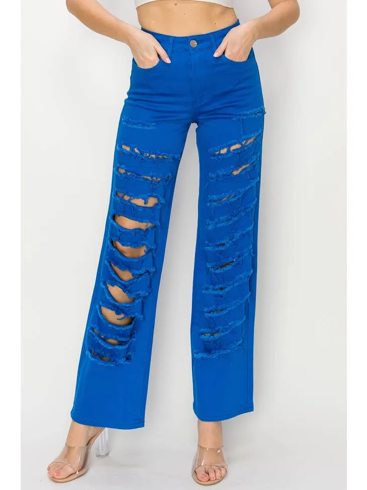 High Rise Blue Color Heavy Distressed Wide Leg Jeans