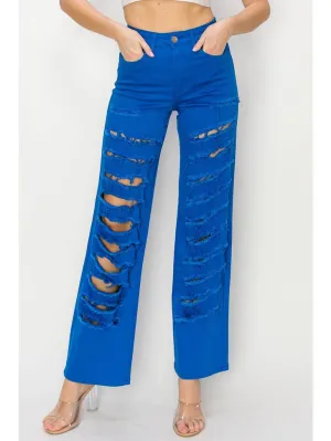 High Rise Blue Color Heavy Distressed Wide Leg Jeans