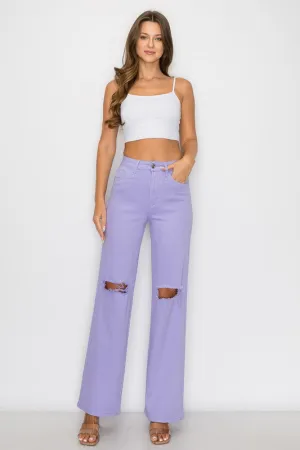 High Rise Lavender Color Distressed Wide Leg Jeans