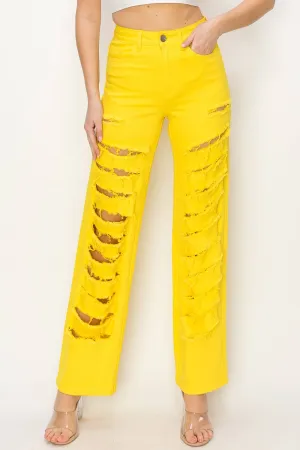High Rise Yellow Color Heavy Distressed Wide Leg Jeans