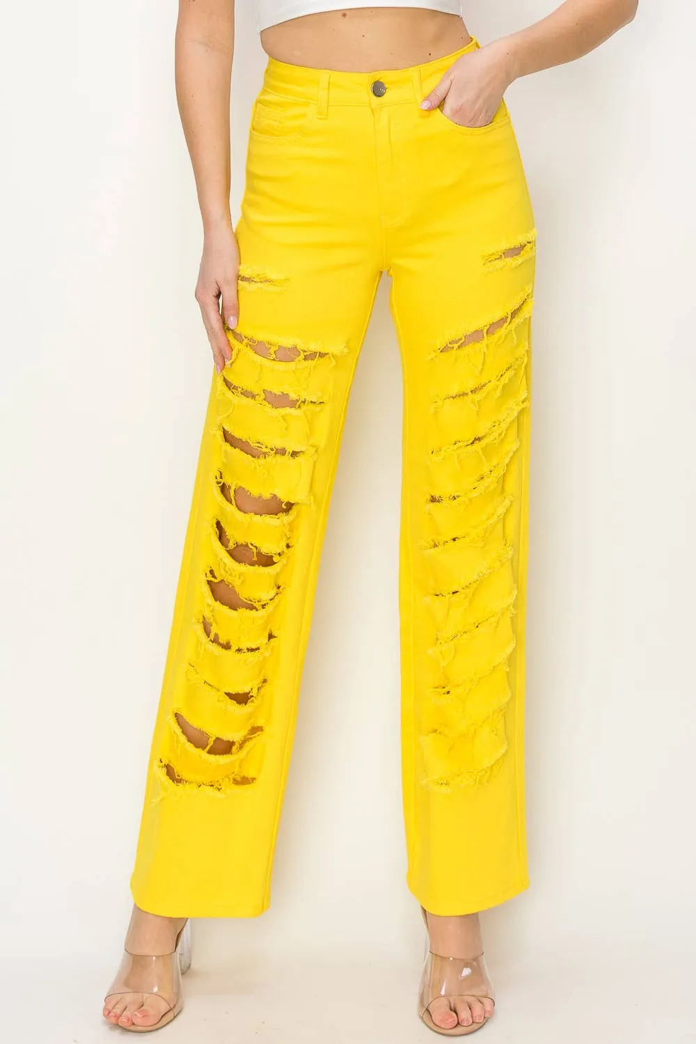 High Rise Yellow Color Heavy Distressed Wide Leg Jeans