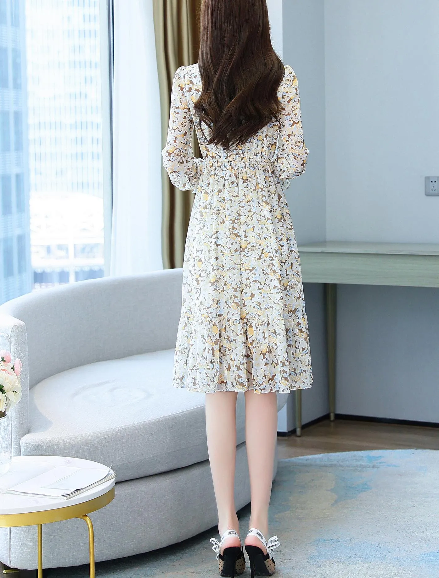 High-waisted A-line Dress in Elegant Chiffon for Women