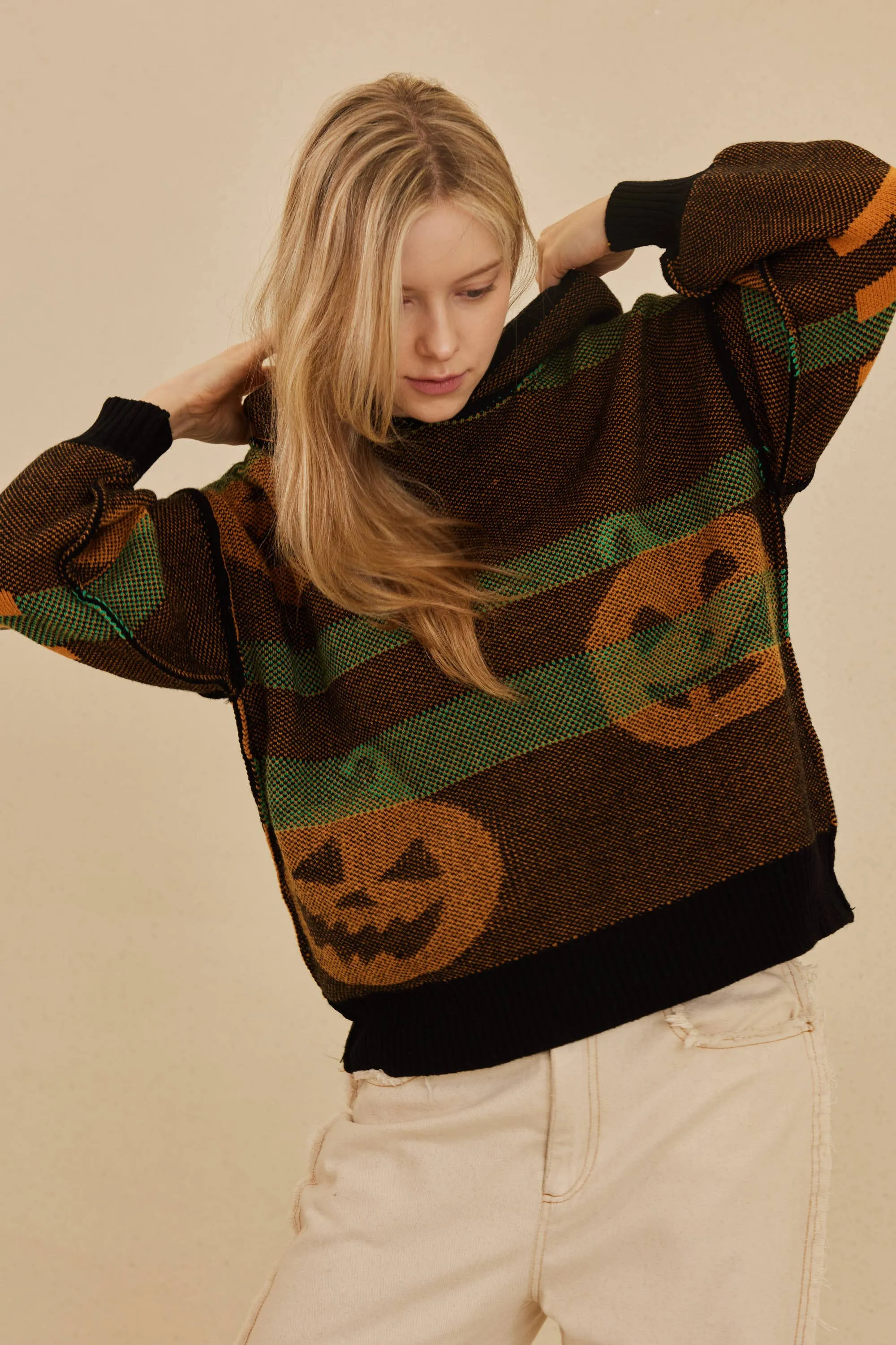 Hooded Halloween Mello Sweater with Jack O prints: Multi