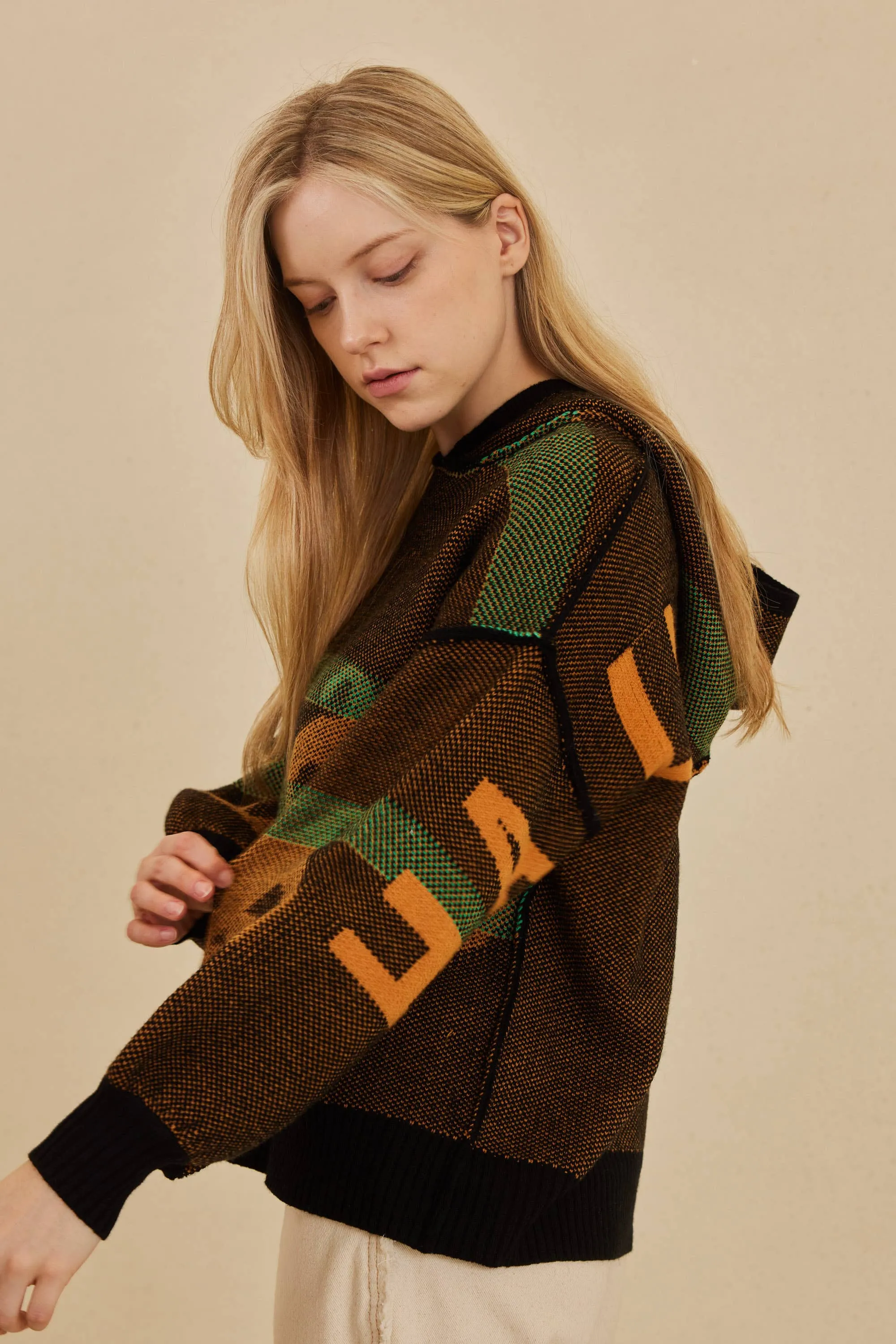 Hooded Halloween Mello Sweater with Jack O prints: Multi