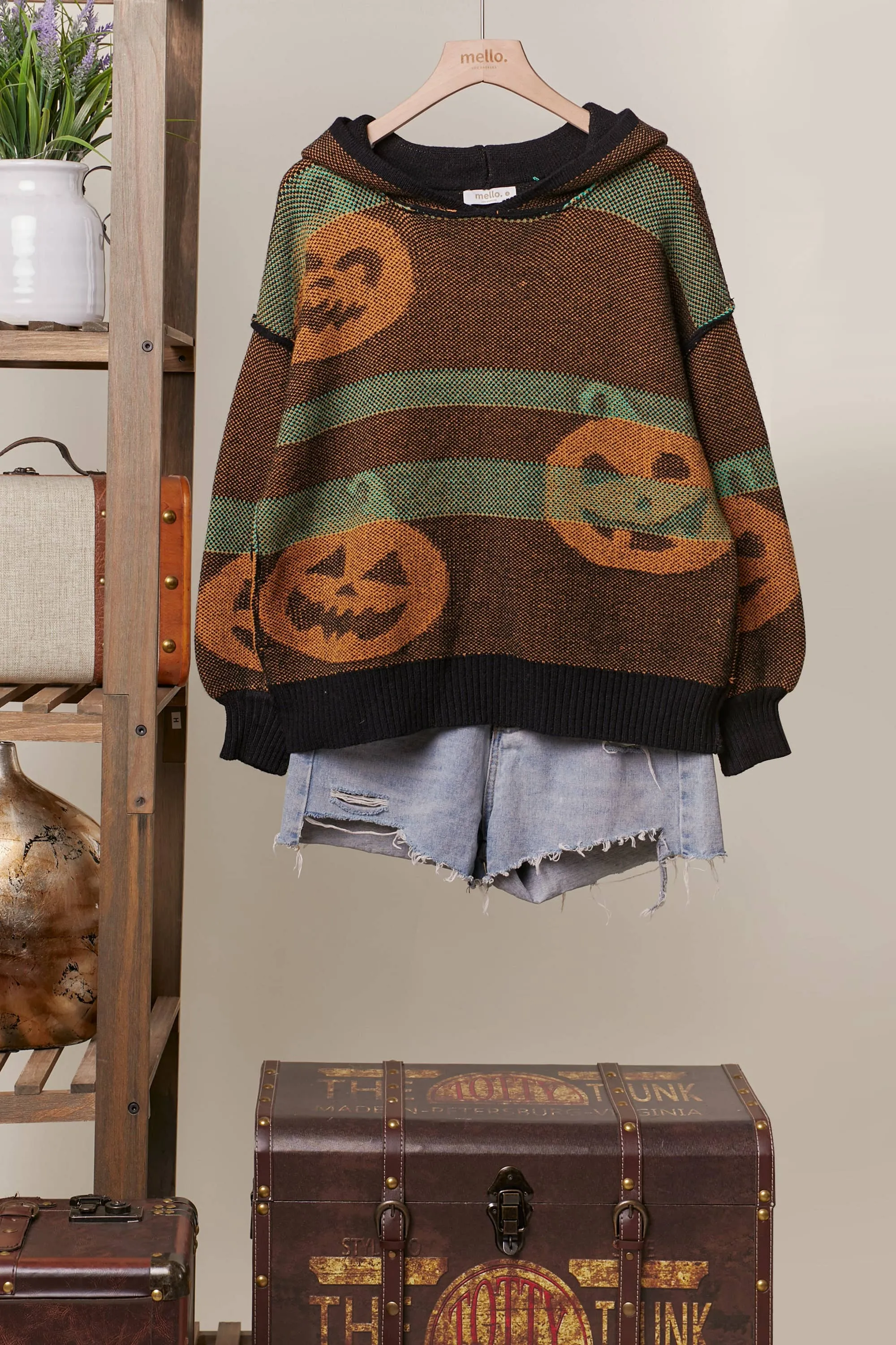 Hooded Halloween Mello Sweater with Jack O prints: Multi