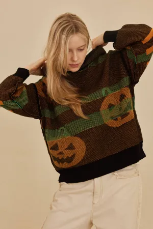 Hooded Halloween Mello Sweater with Jack O prints: Multi