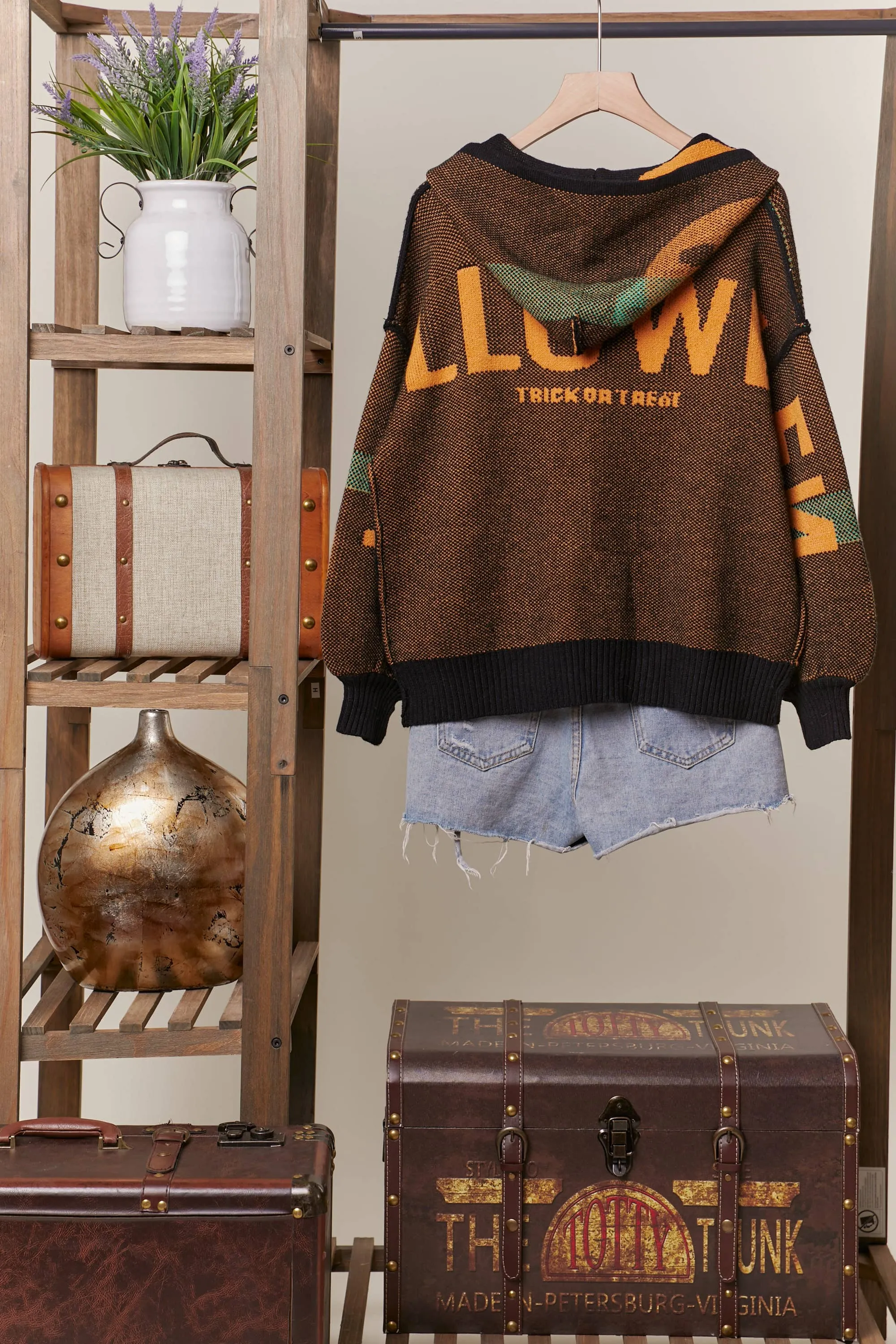 Hooded Halloween Mello Sweater with Jack O prints: Multi