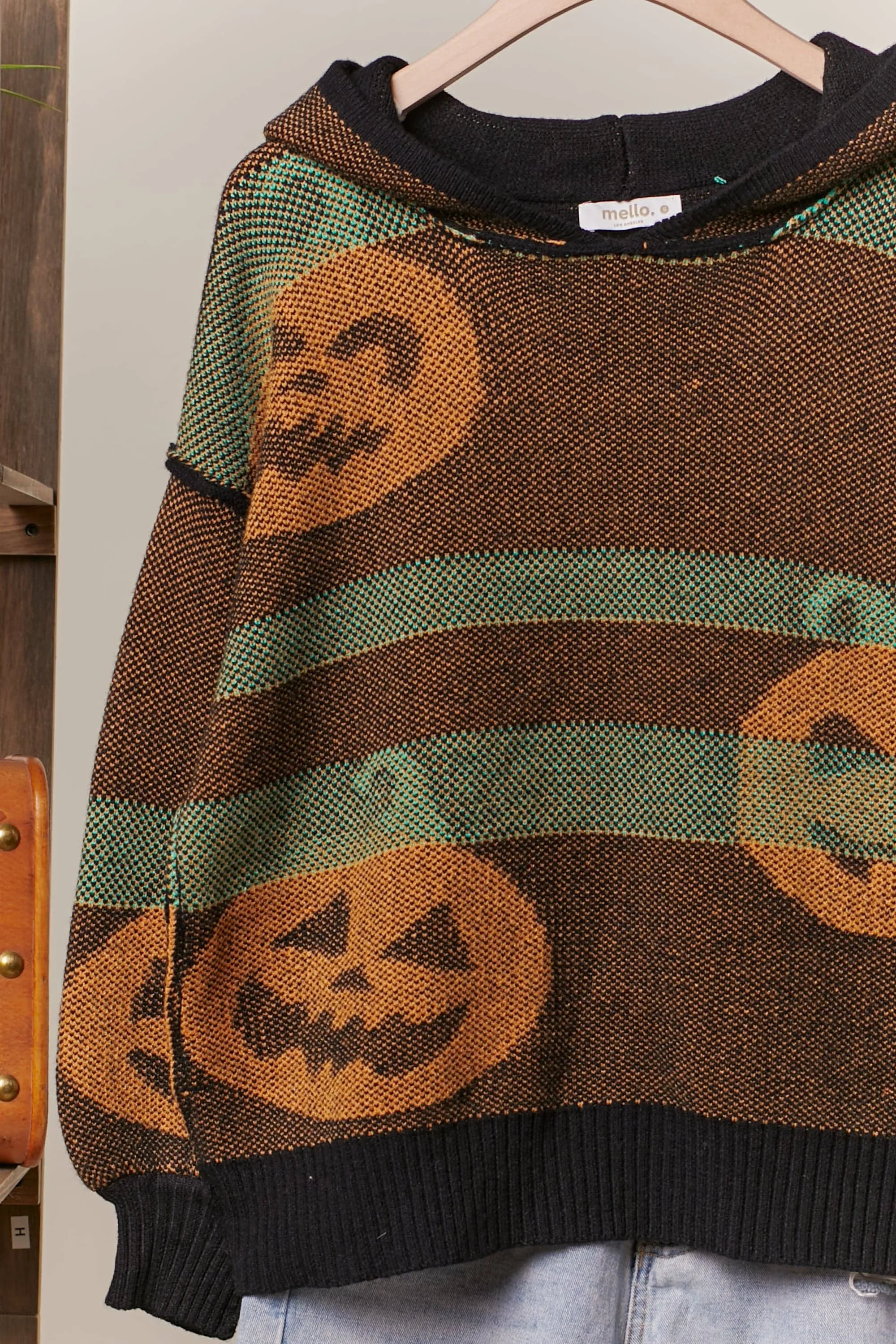 Hooded Halloween Mello Sweater with Jack O prints: Multi