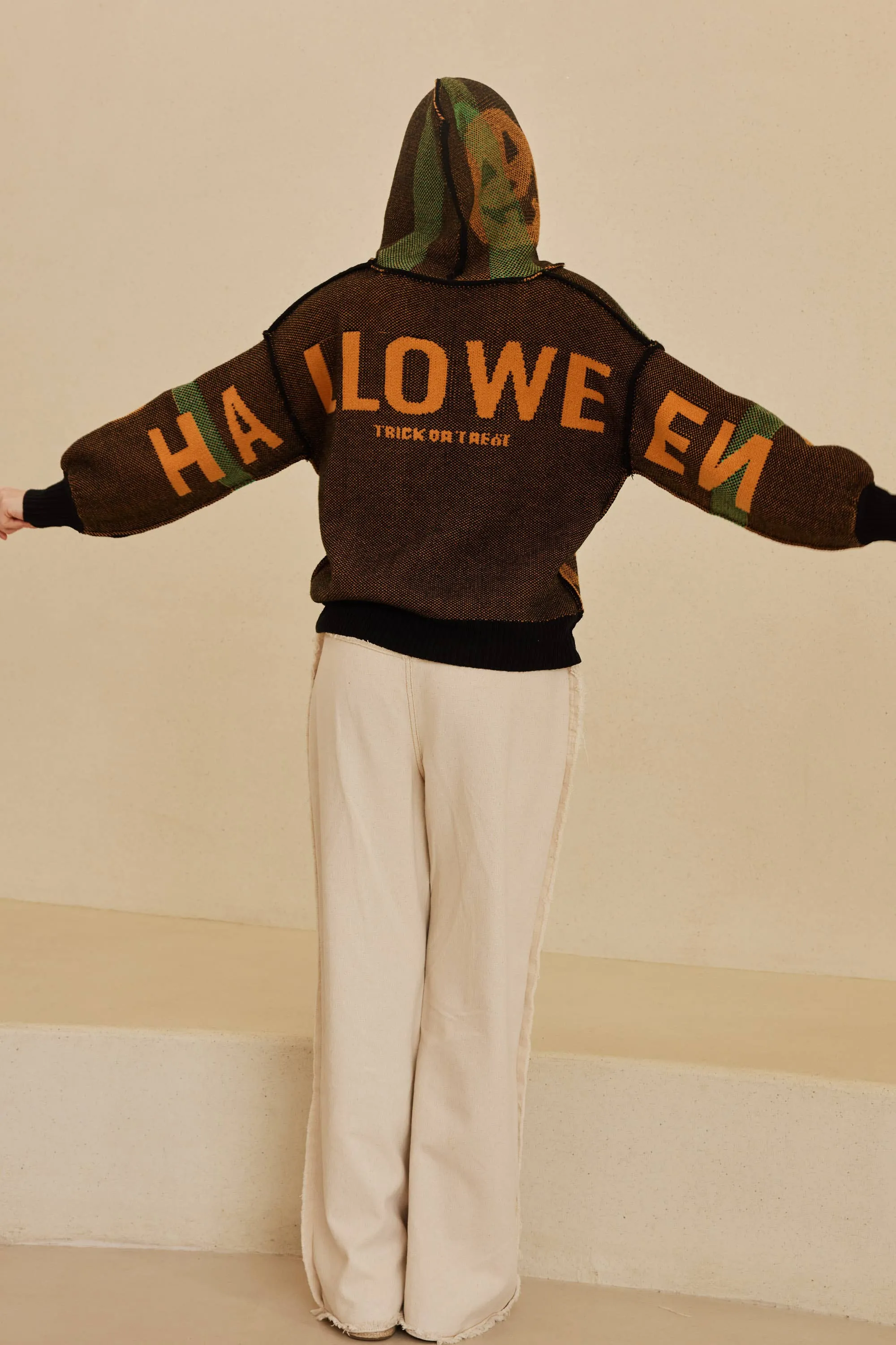 Hooded Halloween Mello Sweater with Jack O prints: Multi