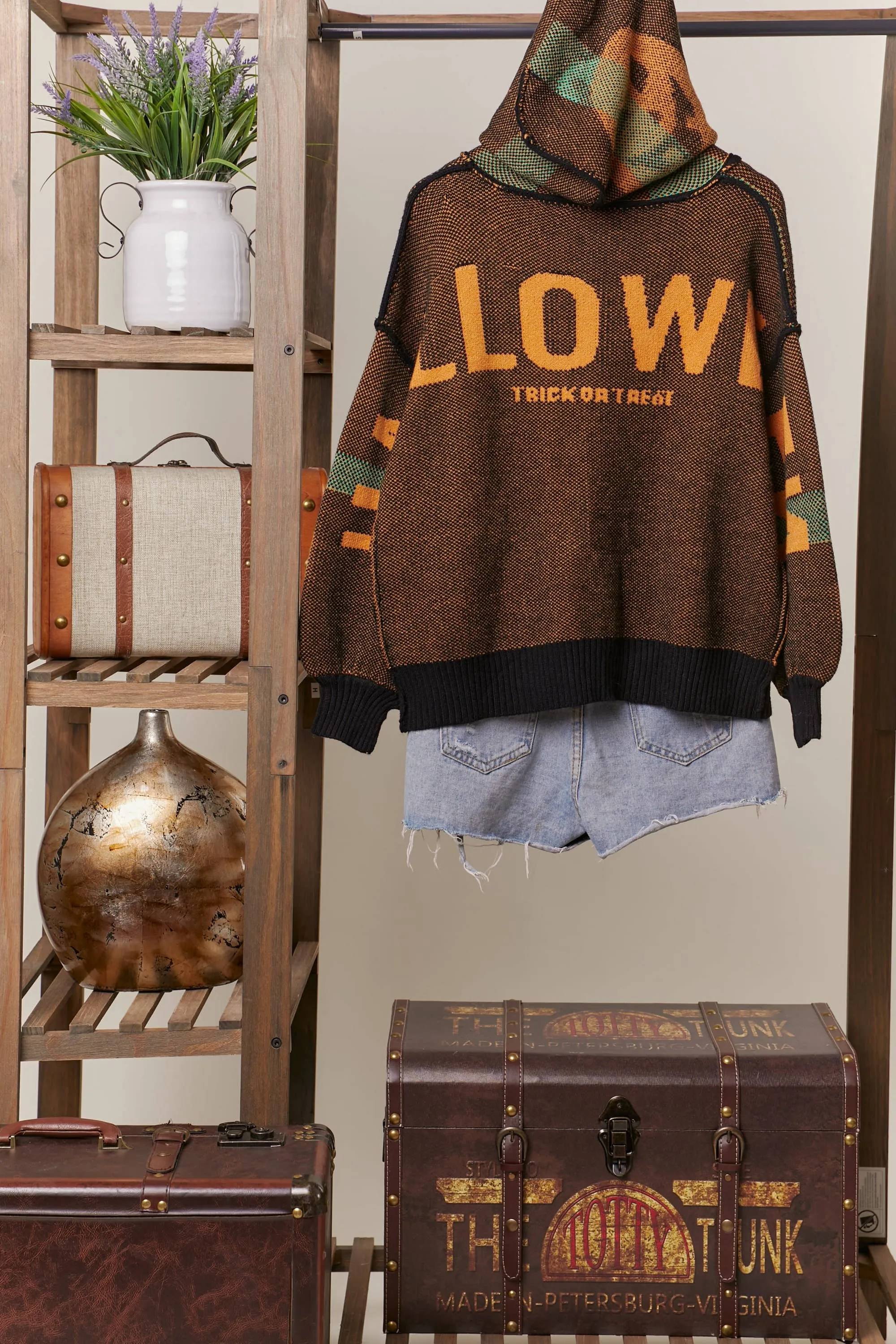 Hooded Halloween Mello Sweater with Jack O prints: Multi