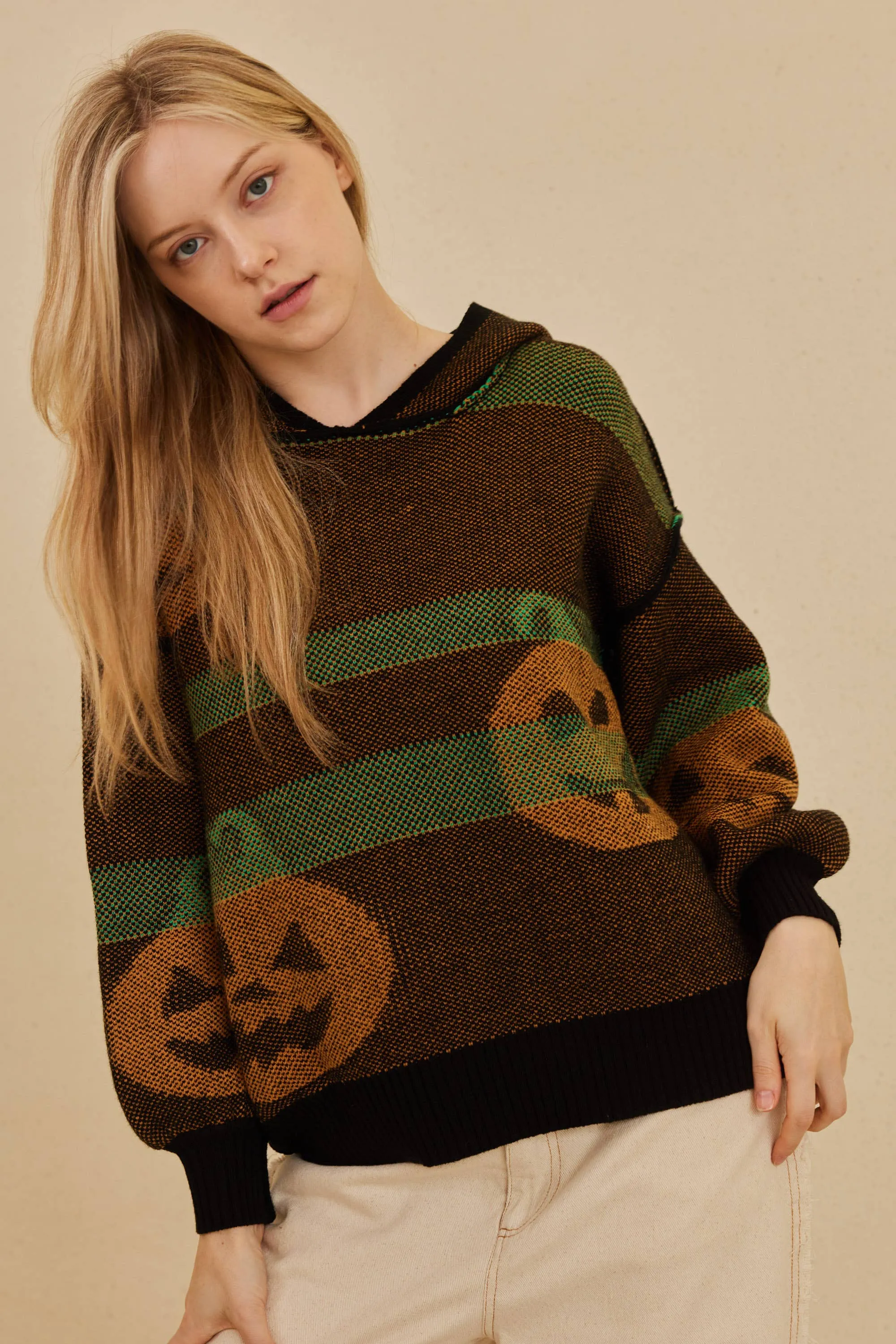 Hooded Halloween Mello Sweater with Jack O prints: Multi
