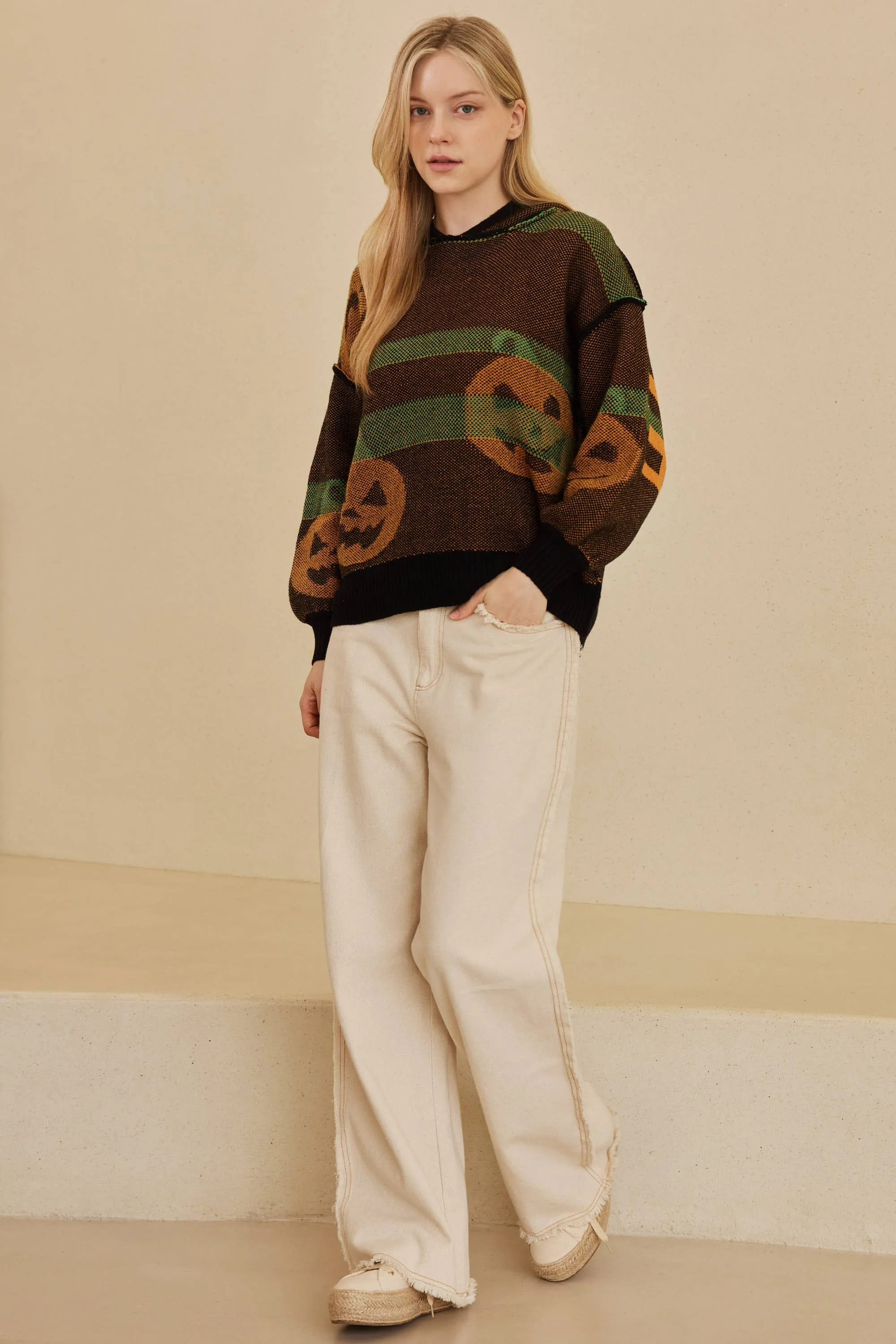 Hooded Halloween Mello Sweater with Jack O prints: Multi