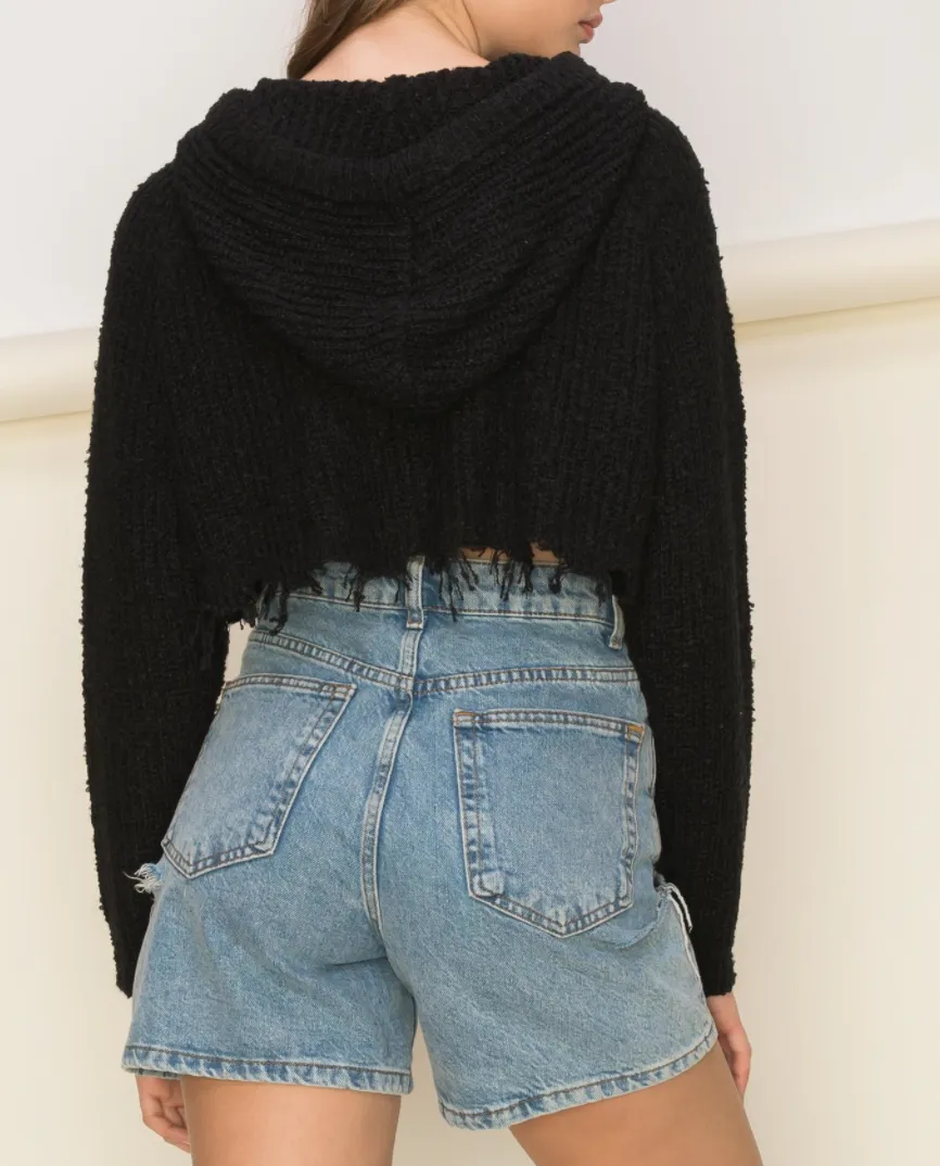 Hooded Raglan Sleeve Cropped Sweater