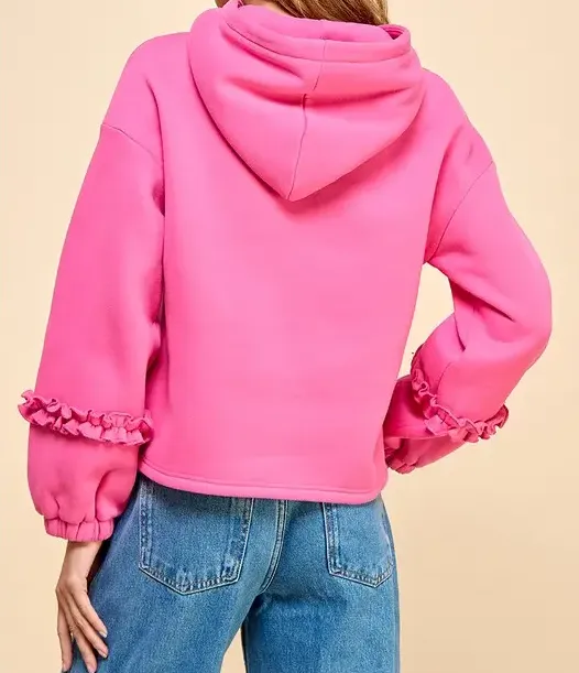 Hooded Sweatshirt with Ruffle - Hot Pink