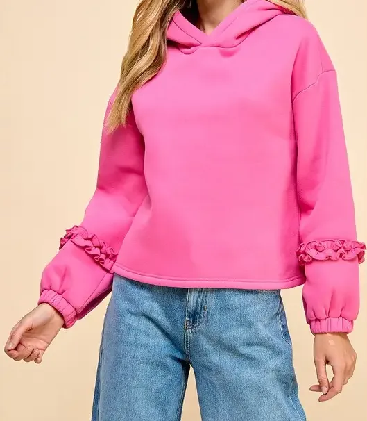 Hooded Sweatshirt with Ruffle - Hot Pink