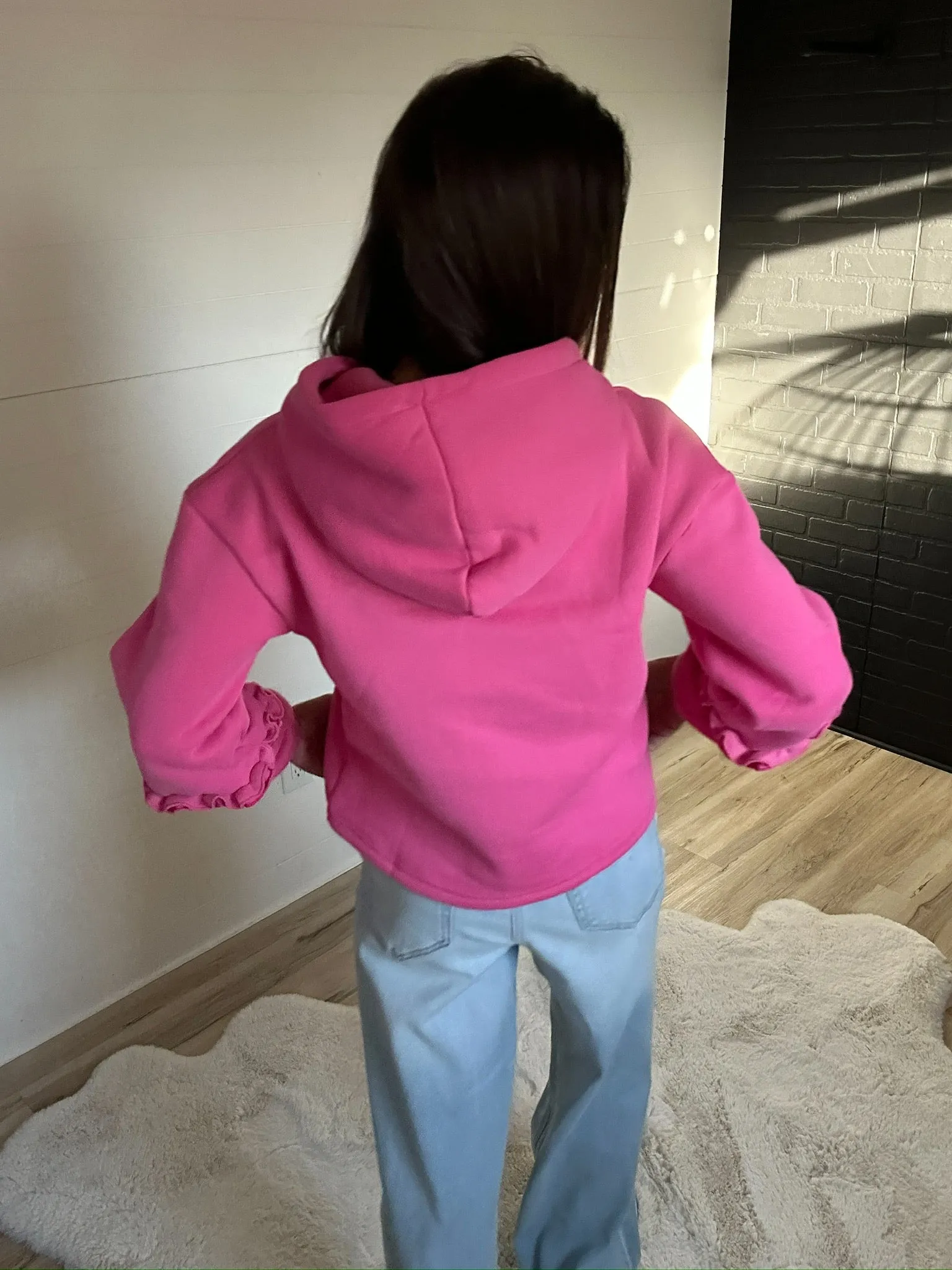Hooded Sweatshirt with Ruffle - Hot Pink