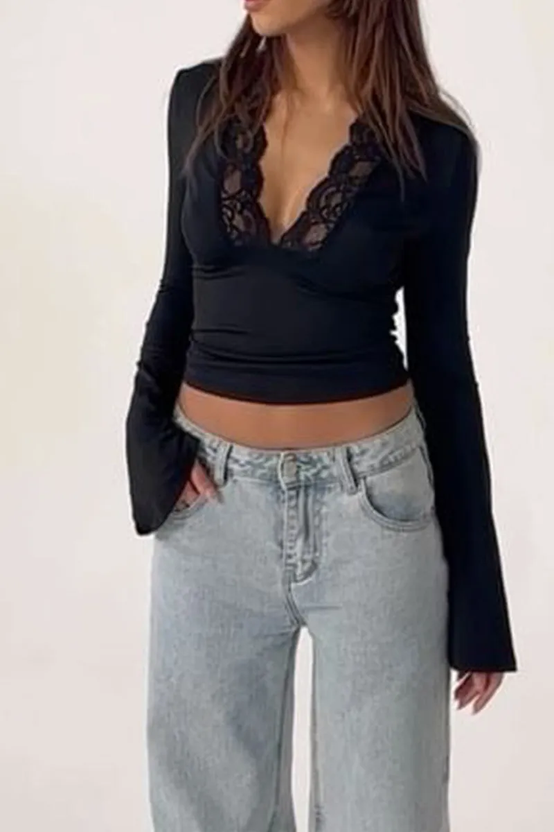 HTS1234 Lace Detail Long Sleeve Top