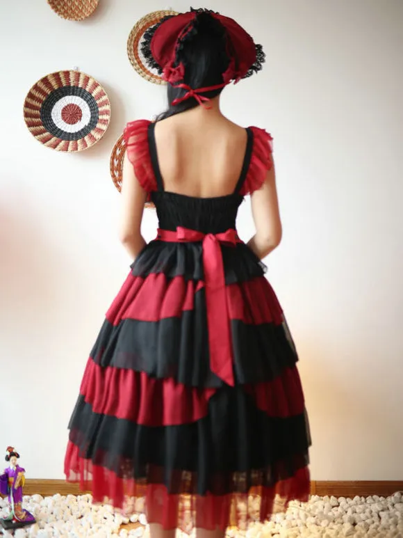 Idol clothes Lolita JSK Dress Burgundy Ruffles Floral Print Pattern Polyester Lace Up Lolita Jumper Skirts