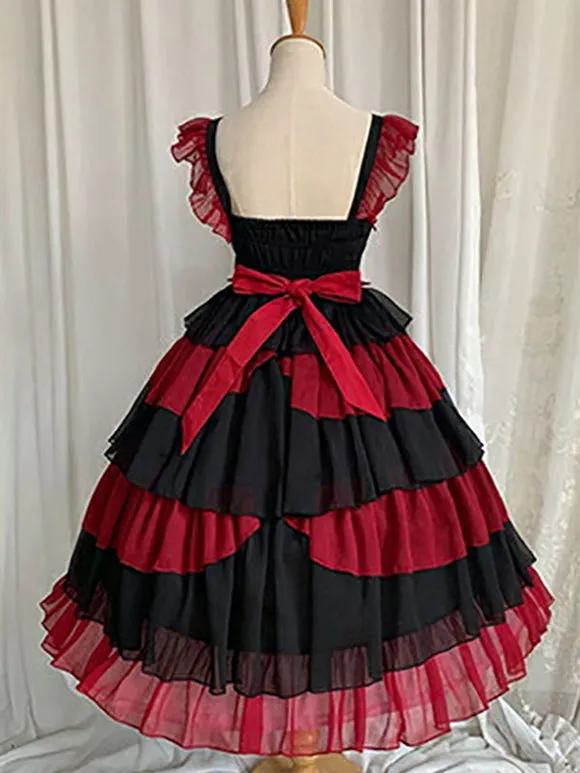 Idol clothes Lolita JSK Dress Burgundy Ruffles Floral Print Pattern Polyester Lace Up Lolita Jumper Skirts