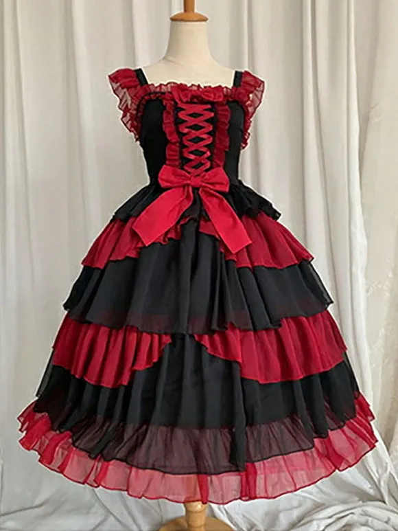 Idol clothes Lolita JSK Dress Burgundy Ruffles Floral Print Pattern Polyester Lace Up Lolita Jumper Skirts
