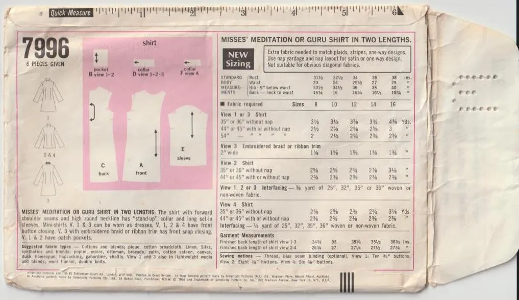 Indian Style Guru Shirt in Two Lengths - Bust 86 cm -  Vintage Pattern - Simplicity 7996