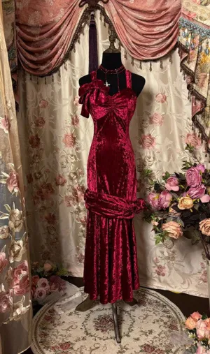 JazzHer Elegant Mermaid Straps Burgundy Velvet Long Length Prom Dresses Birthday Outfits (PRE-ORDER)