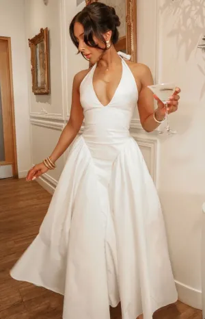 JazzHer Vintage A line Halter White Satin Evening Dress Ankle Length Prom Dresses BD  (PRE-ORDER)