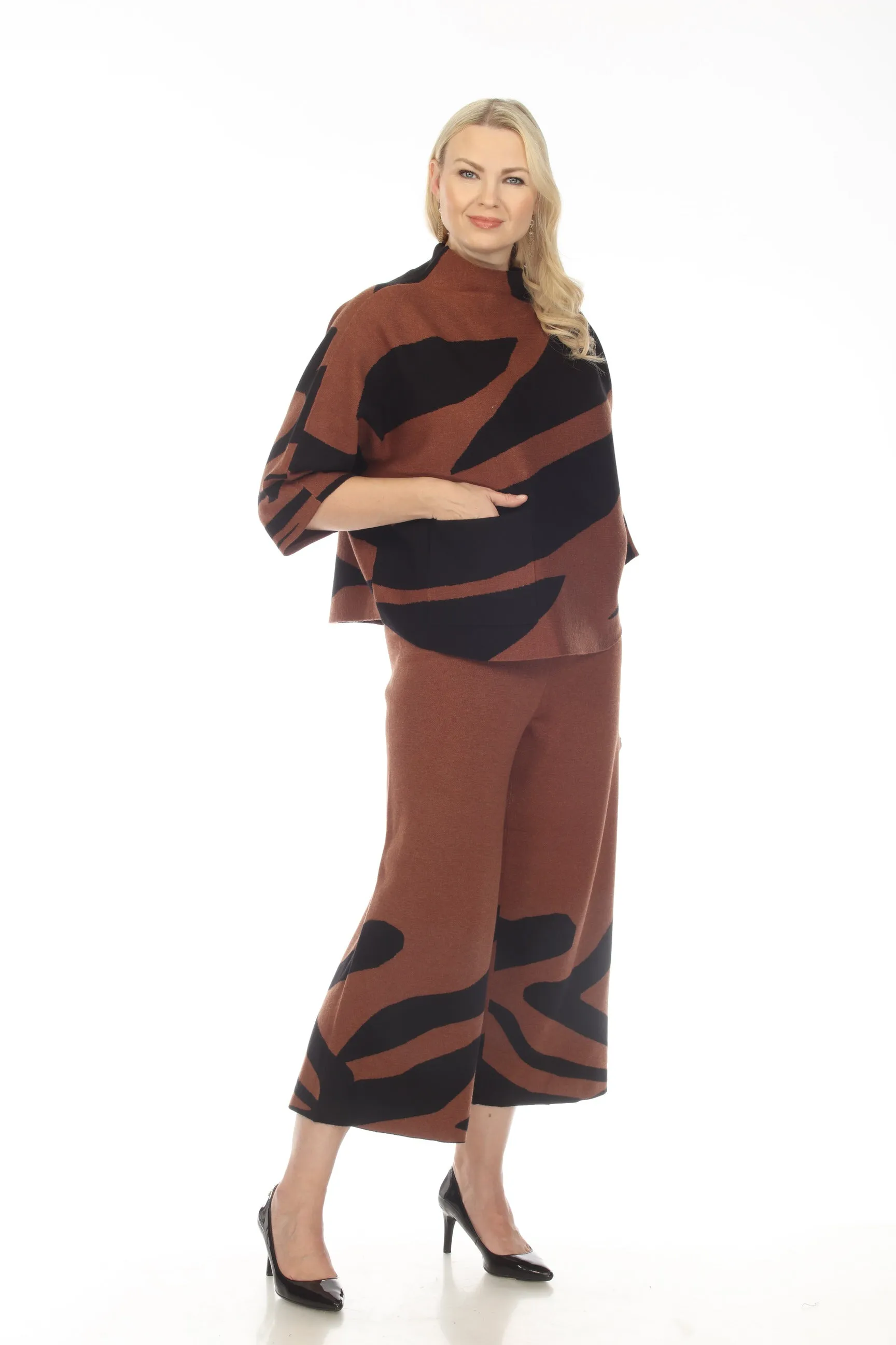 Joseph Ribkoff Black/Toffee Animal Print Jacquard Knit Sweater Top 223945