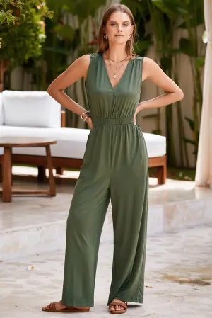 Jungle Green Deep V Pleated Crisscross Wide Leg Backless Jumpsuit