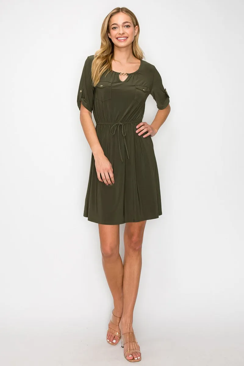 Keyhole Chain Neck Pocket Tunnel Waist Shirt Dress