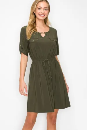 Keyhole Chain Neck Pocket Tunnel Waist Shirt Dress