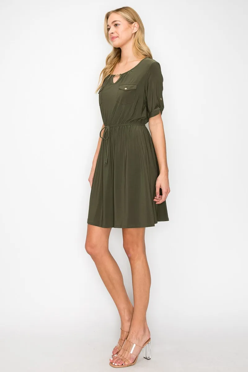 Keyhole Chain Neck Pocket Tunnel Waist Shirt Dress