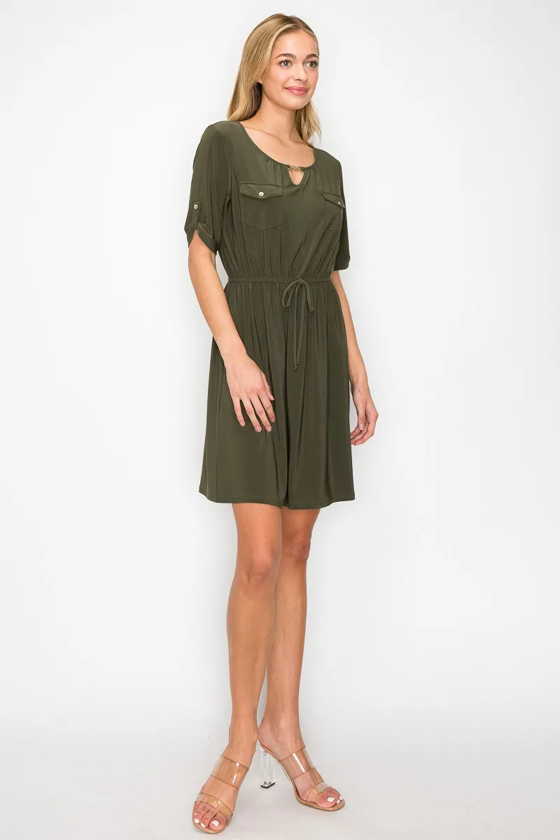 Keyhole Chain Neck Pocket Tunnel Waist Shirt Dress