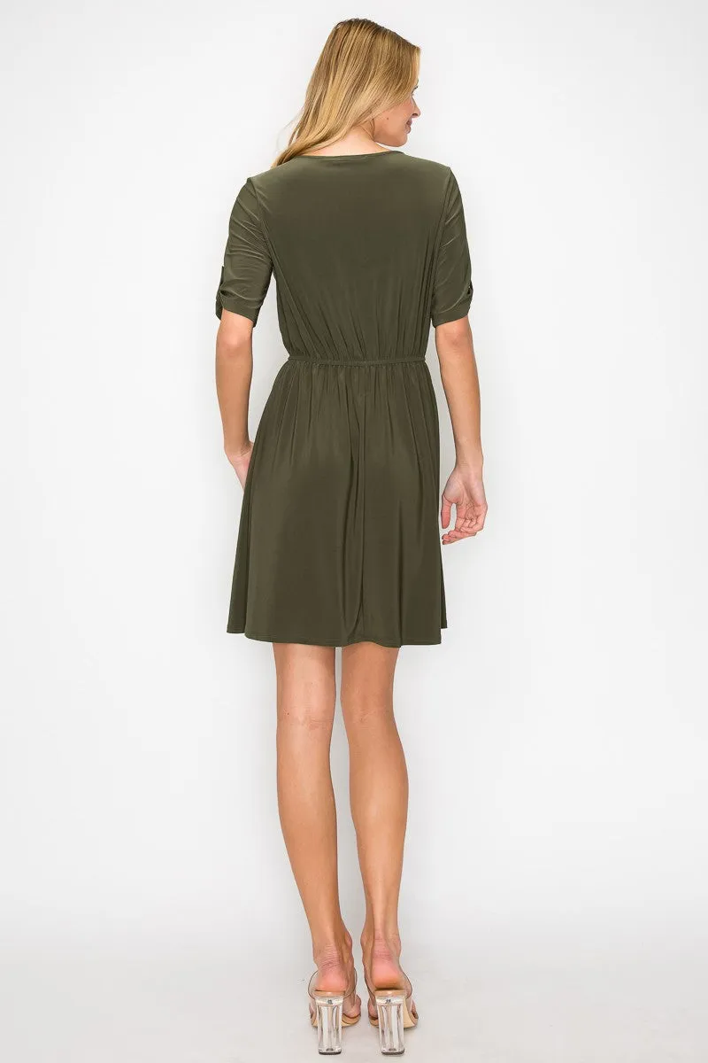 Keyhole Chain Neck Pocket Tunnel Waist Shirt Dress