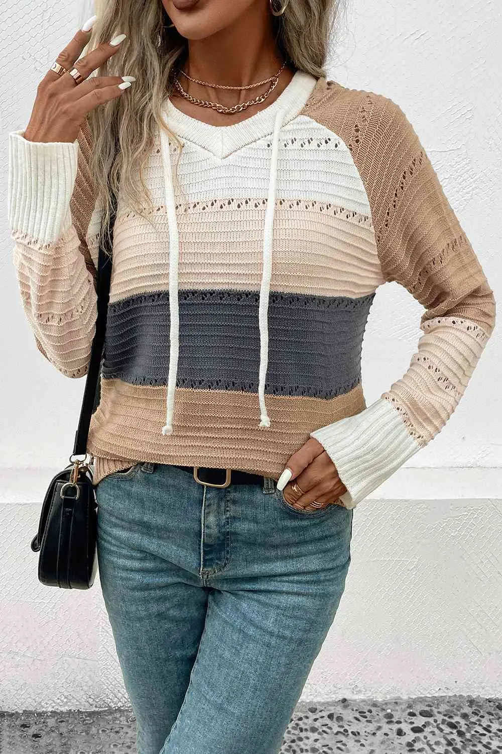 KHD Color Block Drawstring Hooded Sweater