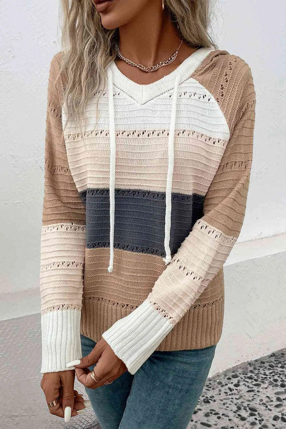 KHD Color Block Drawstring Hooded Sweater
