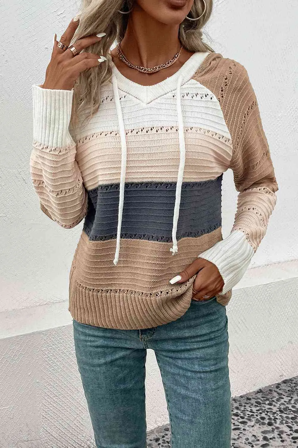 KHD Color Block Drawstring Hooded Sweater