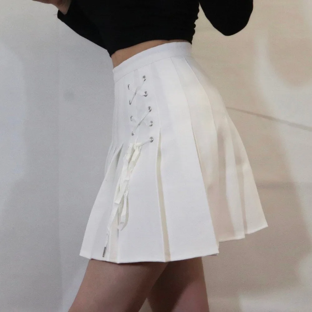 KittenAlarm - Front Lace Tie Pleated Mini Skirts