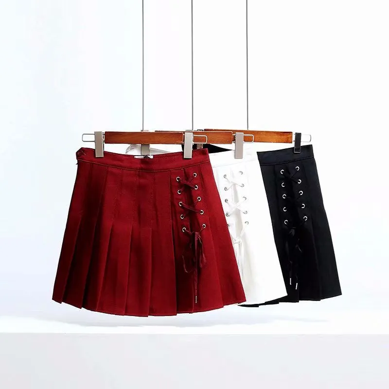 KittenAlarm - Front Lace Tie Pleated Mini Skirts