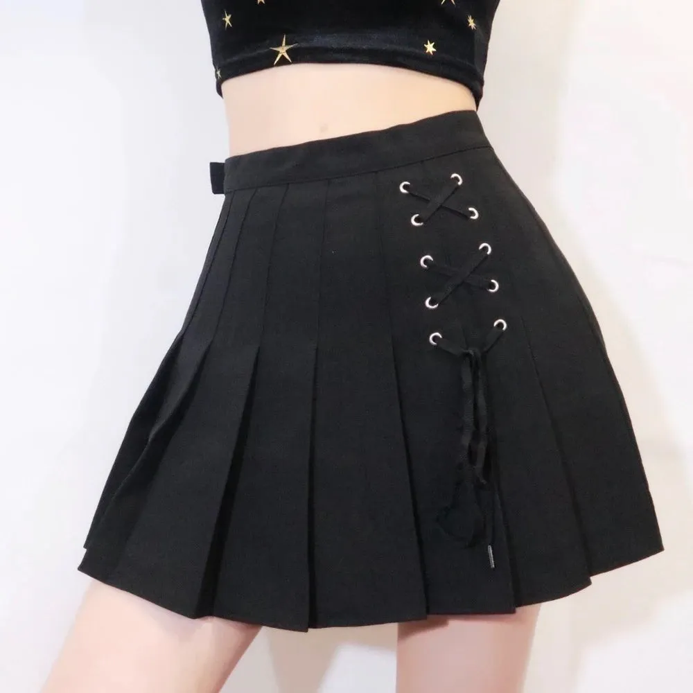 KittenAlarm - Front Lace Tie Pleated Mini Skirts