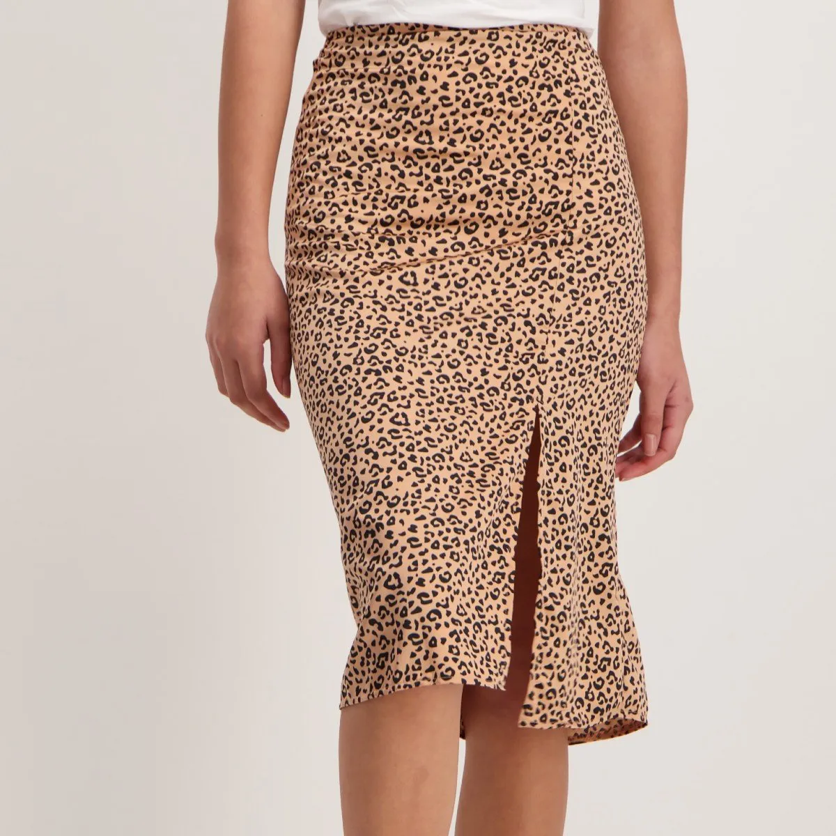 Ladies Animal Print Mid Slit Satin Skirt