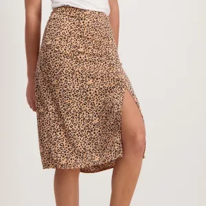 Ladies Animal Print Mid Slit Satin Skirt
