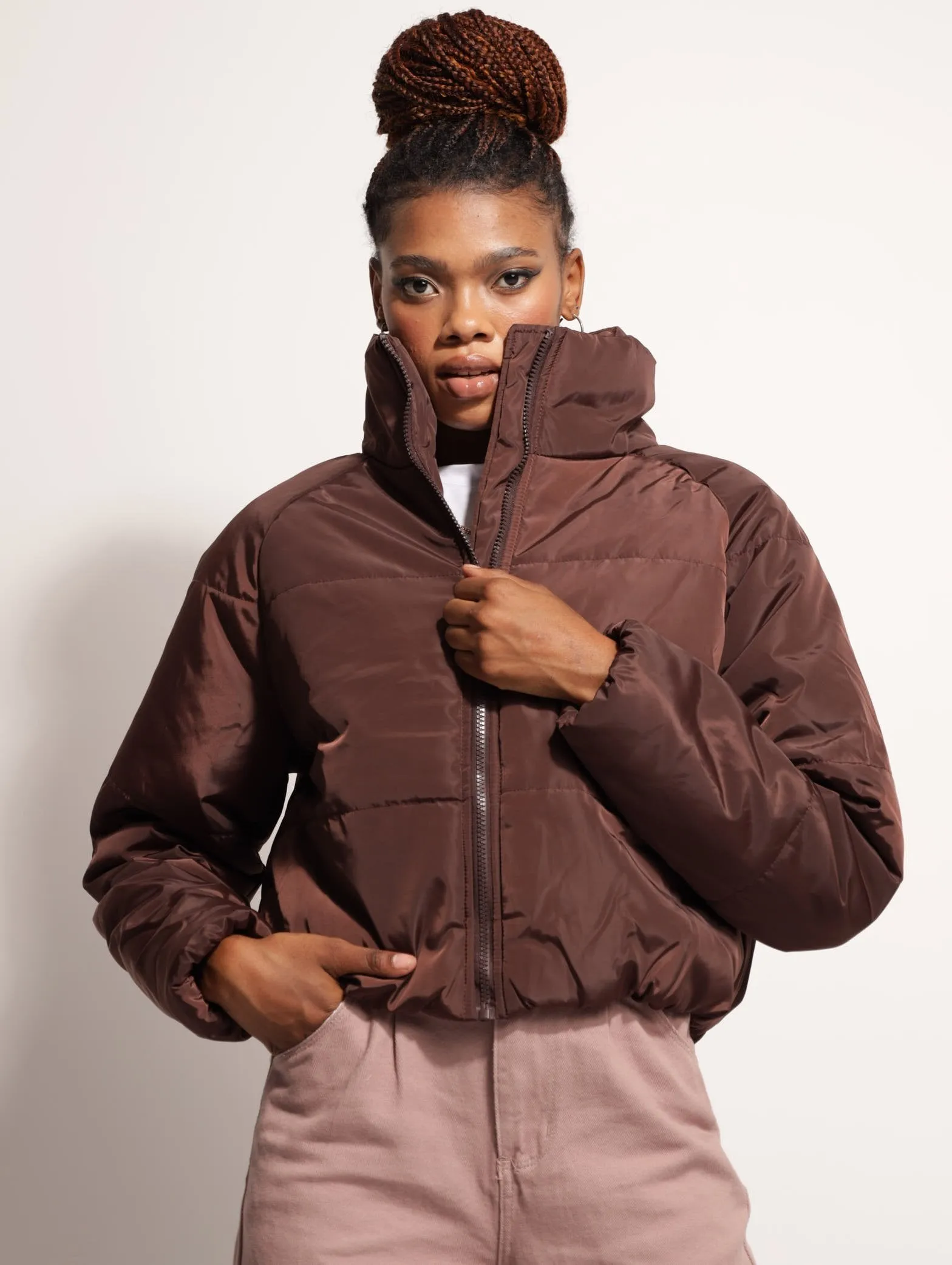 Ladies Hi-Neck Puffer Jacket - Brown