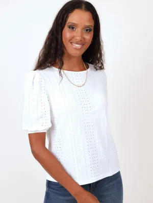 Ladies Knit Broiderie Puff Sleeve Boxy Tee - White